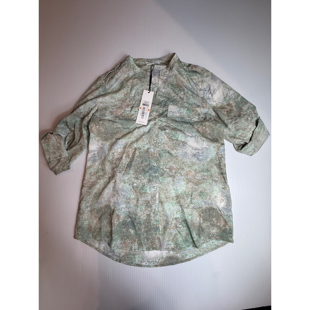 Calvin Klein Womens Green Abstract Marble Print Roll Tab Button Up Blouse S NEW